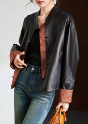 Loose Coffee Stand Collar Button Patchwork Faux Leather Coat Long Sleeve