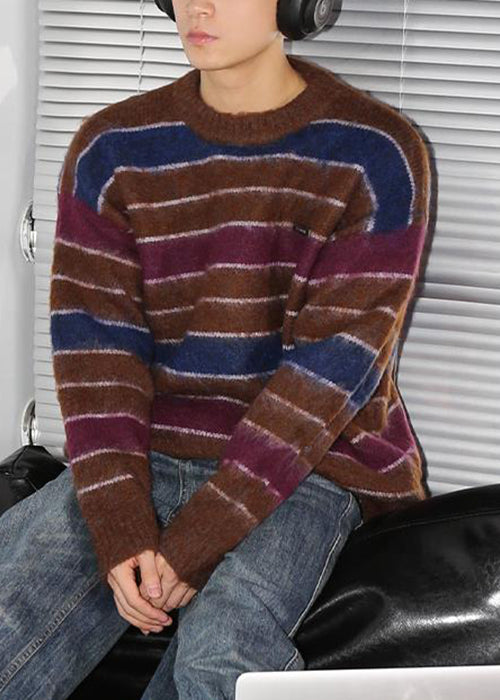 Loose Coffee Striped Thick Cotton Knit Men Sweaters Winter