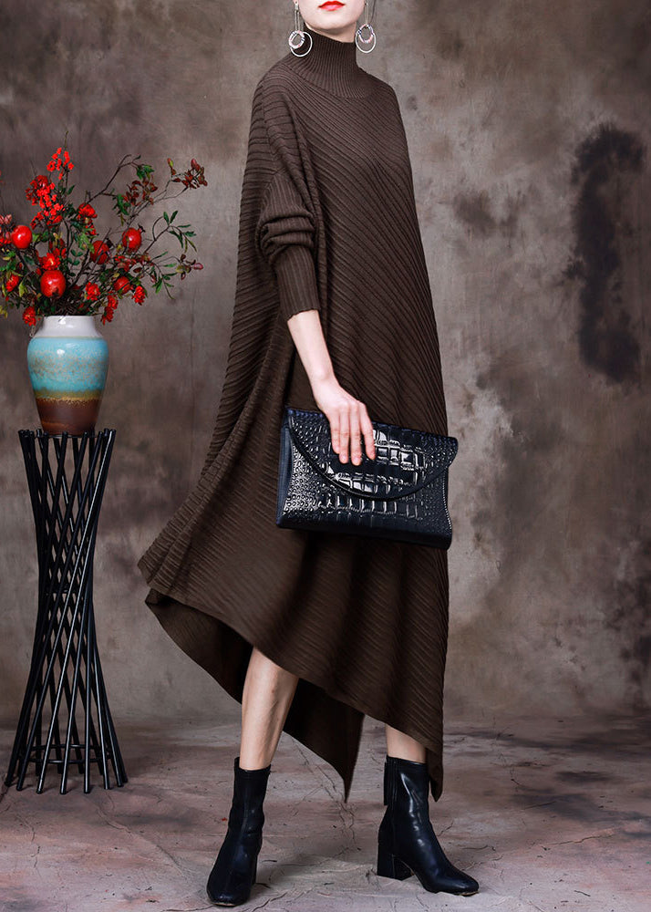 Loose Chocolate Turtleneck Asymmetrical Knit Dresses Long Sleeve