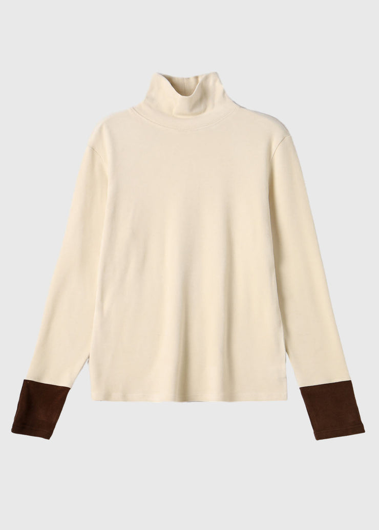 Loose Coffee Turtleneck Patchwork Top Long Sleeve