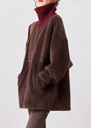 Loose Coffee Turtleneck Pockets Thick Cotton Knit Sweaters Winter