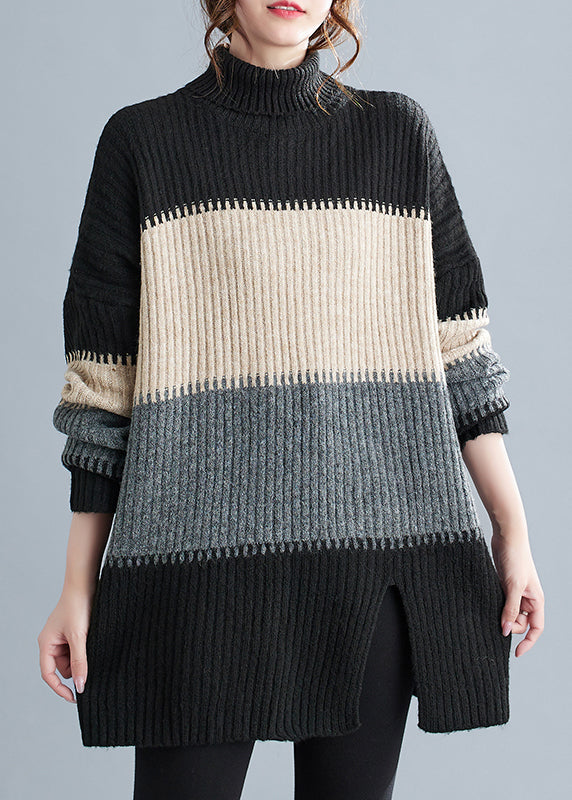 Loose Coffee Turtleneck Side Open Patchwork Cotton Knit Sweaters Winter