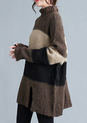 Loose Coffee Turtleneck Side Open Patchwork Cotton Knit Sweaters Winter