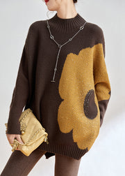 Loose Coffee Turtleneck Zircon Cotton Knit Sweater Long Sleeve