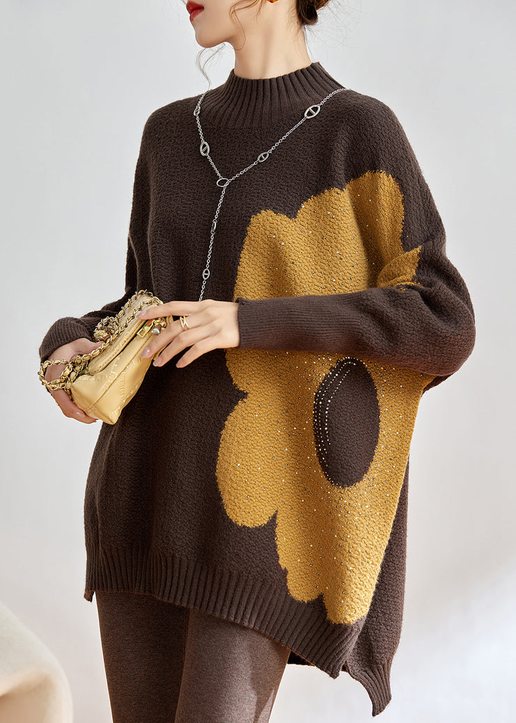 Loose Coffee Turtleneck Zircon Cotton Knit Sweater Long Sleeve