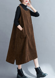 Loose Coffee U Neck Pockets Corduroy Strap Dress Spring