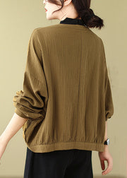 Loose Coffee V Neck Button Patchwork Cotton Coats Batwing Sleeve