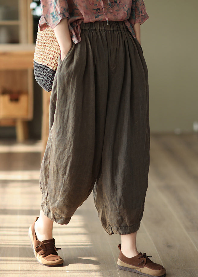 Loose Coffee Wrinkled Elastic Waist Linen Crop Pants Summer