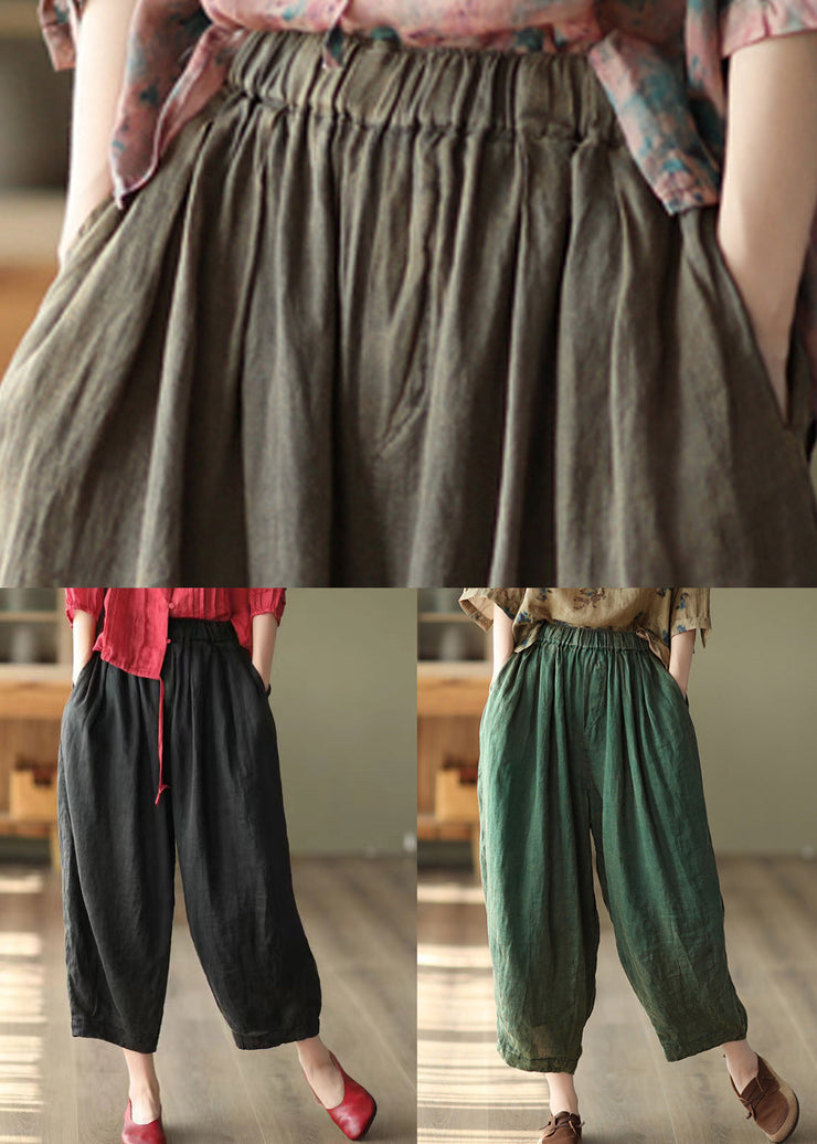 Loose Coffee Wrinkled Elastic Waist Linen Crop Pants Summer