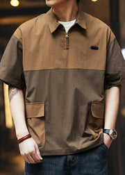 Loose Coffee Zip Up Pockets Patchwork Cotton Men Polo Shirt Summer