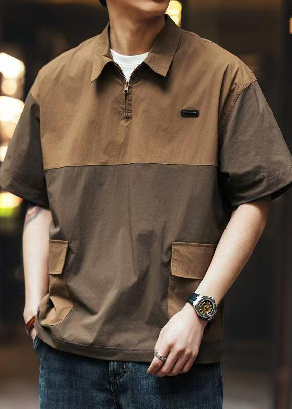 Loose Coffee Zip Up Pockets Patchwork Cotton Men Polo Shirt Summer