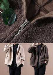 Loose Chocolate Zippered Pockets Faux Fur Hooded Coats Fall