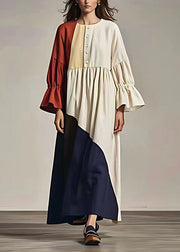 Loose Colorblock Asymmetrical Patchwork Linen Dress Flare Sleeve