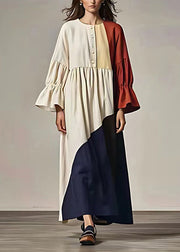 Loose Colorblock Asymmetrical Patchwork Linen Dress Flare Sleeve