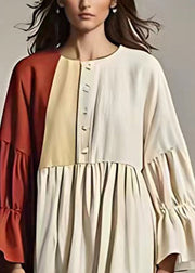 Loose Colorblock Asymmetrical Patchwork Linen Dress Flare Sleeve