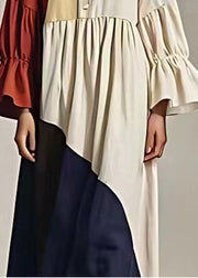 Loose Colorblock Asymmetrical Patchwork Linen Dress Flare Sleeve