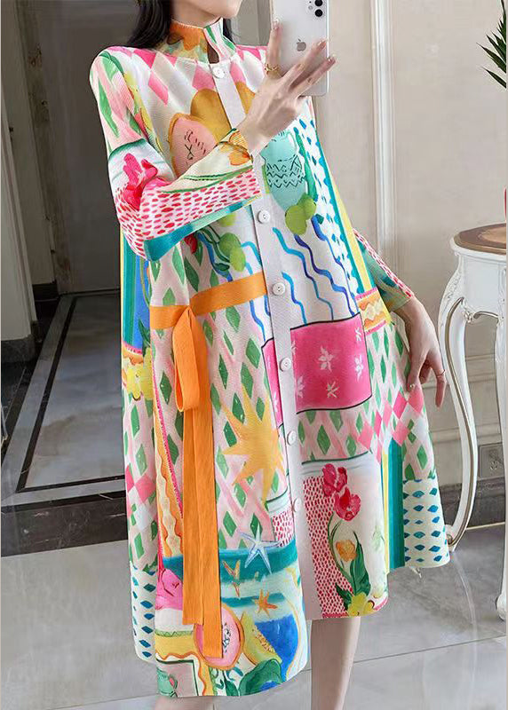 Loose Colorblock Button Print Cotton Shirts Dresses Long Sleeve