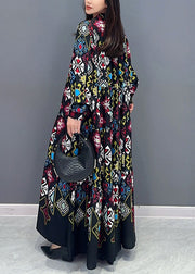 Loose Colorblock Button Print Wrinkled Cotton Blouses Dress Fall