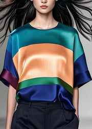 Loose Colorblock O Neck Patchwork Silk Top Summer