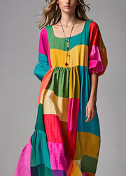 Loose Colorblock Puff Sleeve U Neck Patchwork Cotton Dresses