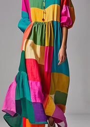 Loose Colorblock Puff Sleeve U Neck Patchwork Cotton Dresses