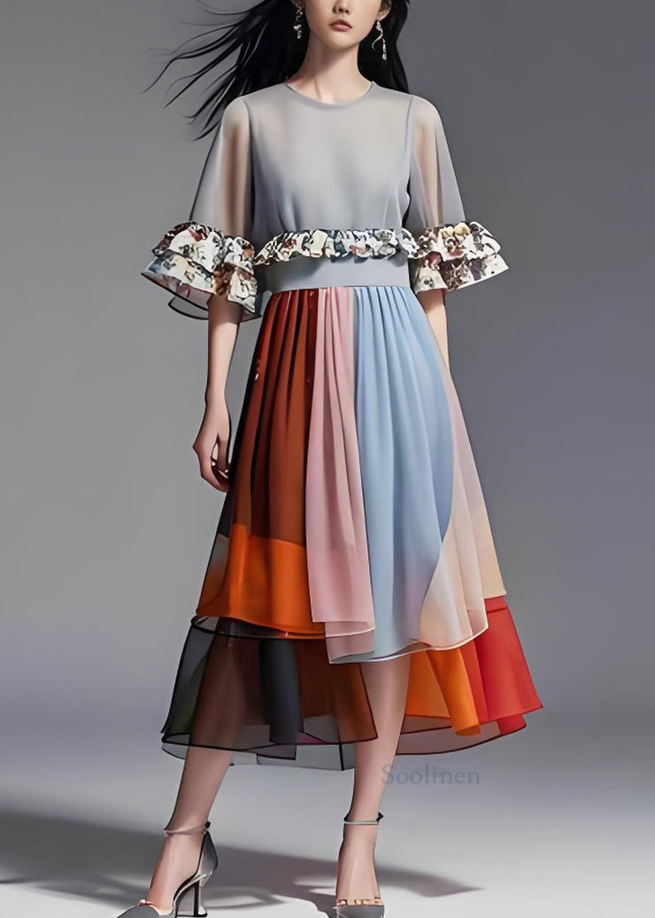 Loose Colorblock Ruffled Organza Patchwork Chiffon Long Dresses Summer