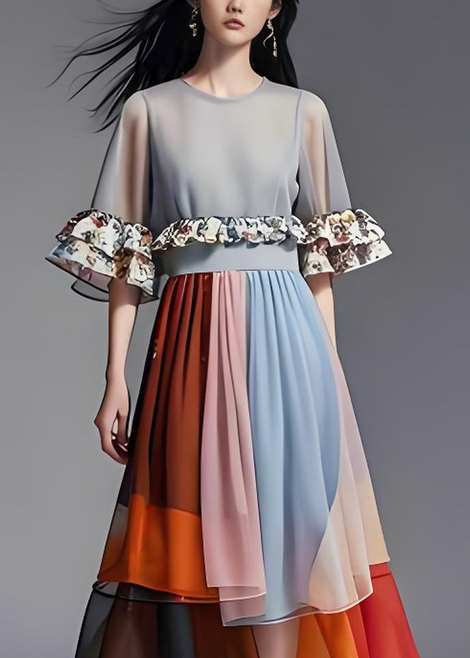 Loose Colorblock Ruffled Organza Patchwork Chiffon Long Dresses Summer