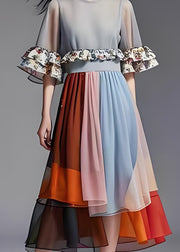 Loose Colorblock Ruffled Organza Patchwork Chiffon Long Dresses Summer