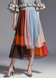 Loose Colorblock Ruffled Organza Patchwork Chiffon Long Dresses Summer