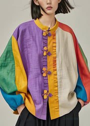 Loose Colorblock Ruffled Patchwork Cotton Coat Lantern Sleeve