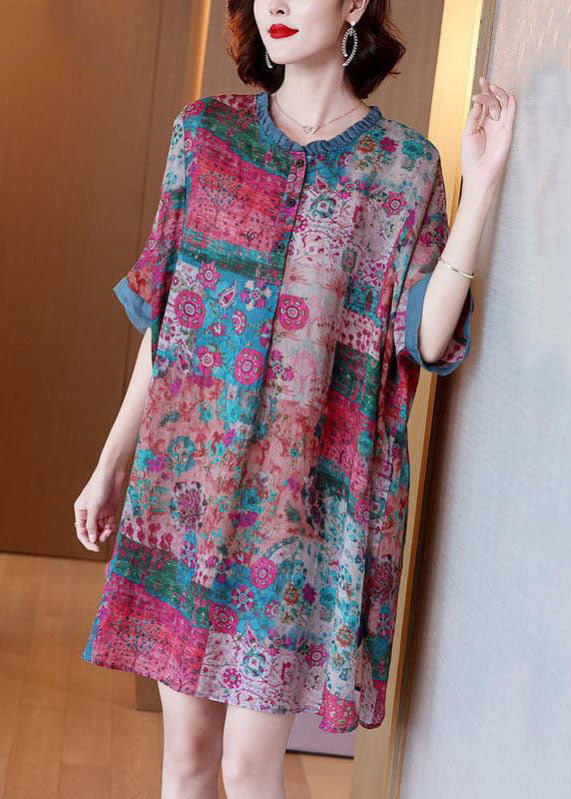 Loose Colorblock Ruffled Print Patchwork Linen Mid Dresses Summer