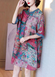 Loose Colorblock Ruffled Print Patchwork Linen Mid Dresses Summer