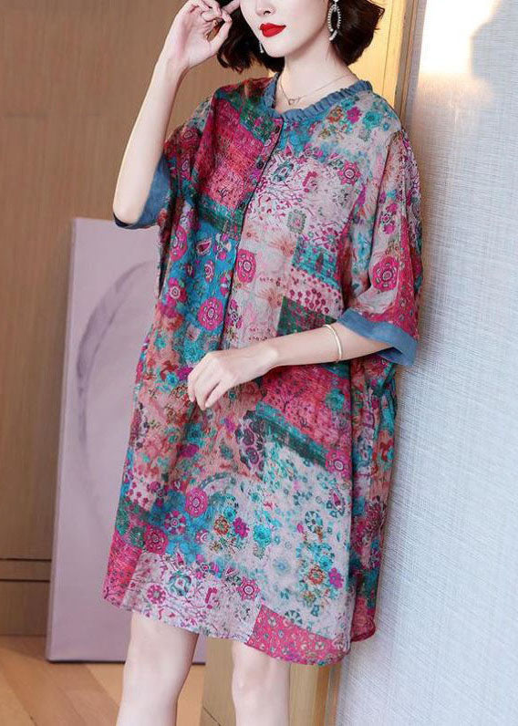 Loose Colorblock Ruffled Print Patchwork Linen Mid Dresses Summer