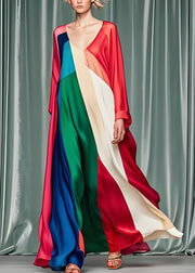 Loose Colorblock V Neck Patchwork Silk Dress Long Sleeve