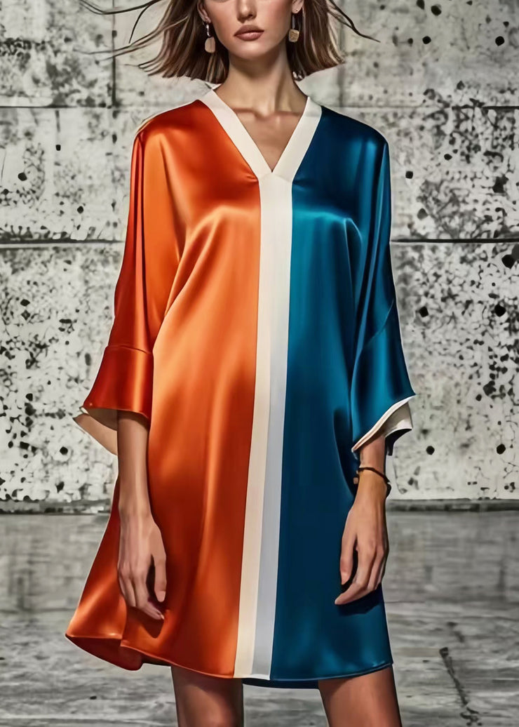 Loose Colorblock V Neck Patchwork Silk Mini Dresses Summer