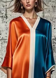 Loose Colorblock V Neck Patchwork Silk Mini Dresses Summer