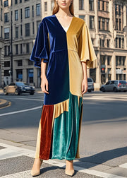 Loose Colorblock V Neck Patchwork Velvet Dress Butterfly Sleeve