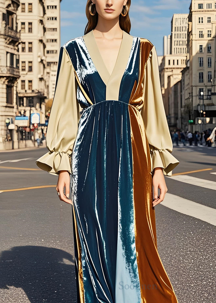 Loose Colorblock V Neck Patchwork Velvet Long Dress Fall