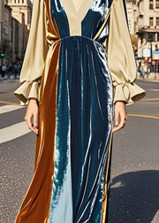 Loose Colorblock V Neck Patchwork Velvet Long Dress Fall