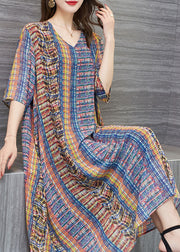 Loose Colorblock V Neck Print Patchwork Chiffon Dresses Summer