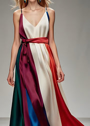 Loose Colorblock V Neck Tie Waist Silk Spaghetti Strap Dress Sleeveless
