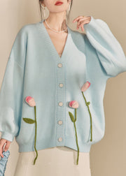 Loose Cozy Blue V Neck Floral Knit Cardigan Fall