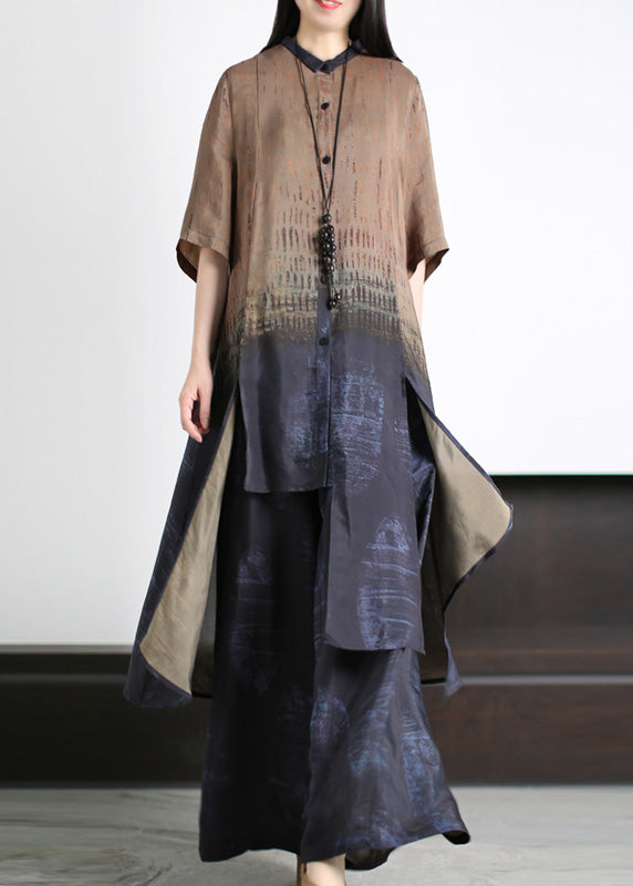 Loose Dark Blue Asymmetrical Patchwork Silk Long Shirts And Wide Leg Pants Two Piece Set Half Sleeve