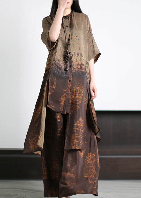 Loose Dark Blue Asymmetrical Patchwork Silk Long Shirts And Wide Leg Pants Two Piece Set Half Sleeve