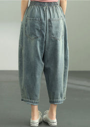 Loose Dark Blue Elastic Waist Oversized Big Pockets Cotton Denim Harem Pants Summer