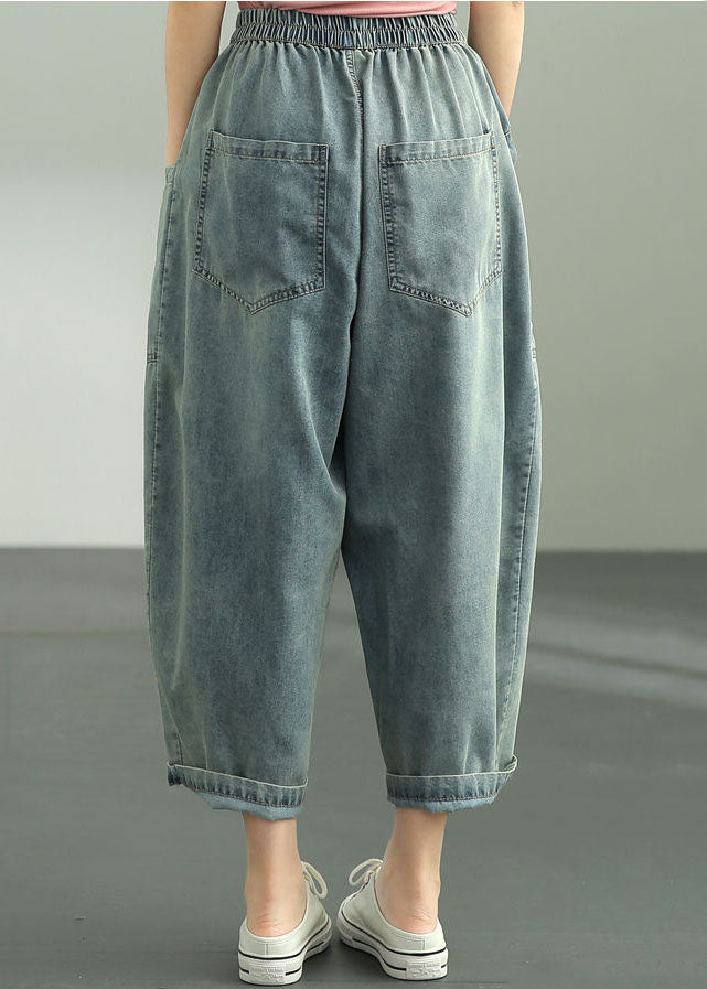 Loose Dark Blue Elastic Waist Oversized Big Pockets Cotton Denim Harem Pants Summer