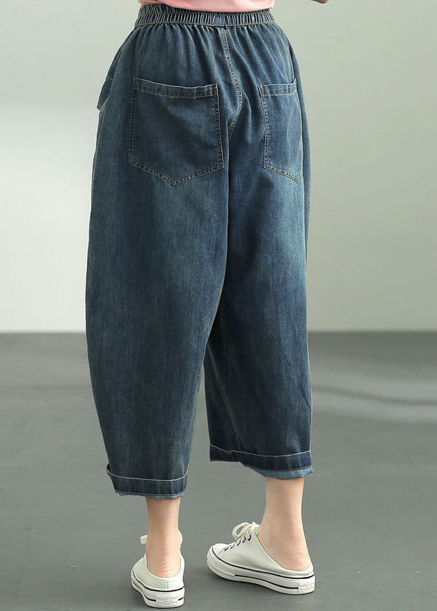 Loose Dark Blue Elastic Waist Oversized Big Pockets Cotton Denim Harem Pants Summer