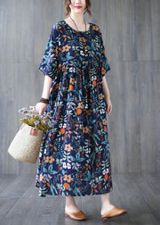 Loose Dark Blue O-Neck Print Wrinkled Robe Dresses Short Sleeve