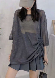 Loose Dark Gray Lace Up Cozy Ice Silk Knit Top Half Sleeve