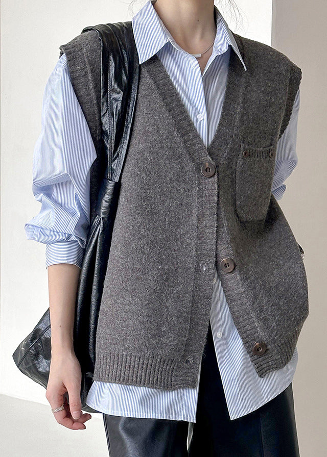 Loose Dark Gray V Neck Button Knit Vest Sleeveless